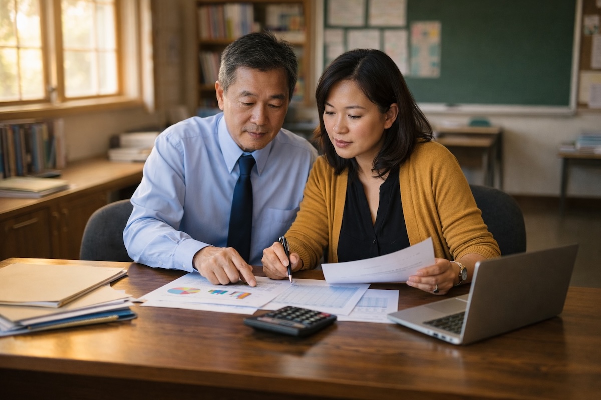 Asian school administrator and teacher reviewing printed budget charts and financial documents at a desk in a modest school office with laptop and calculator.