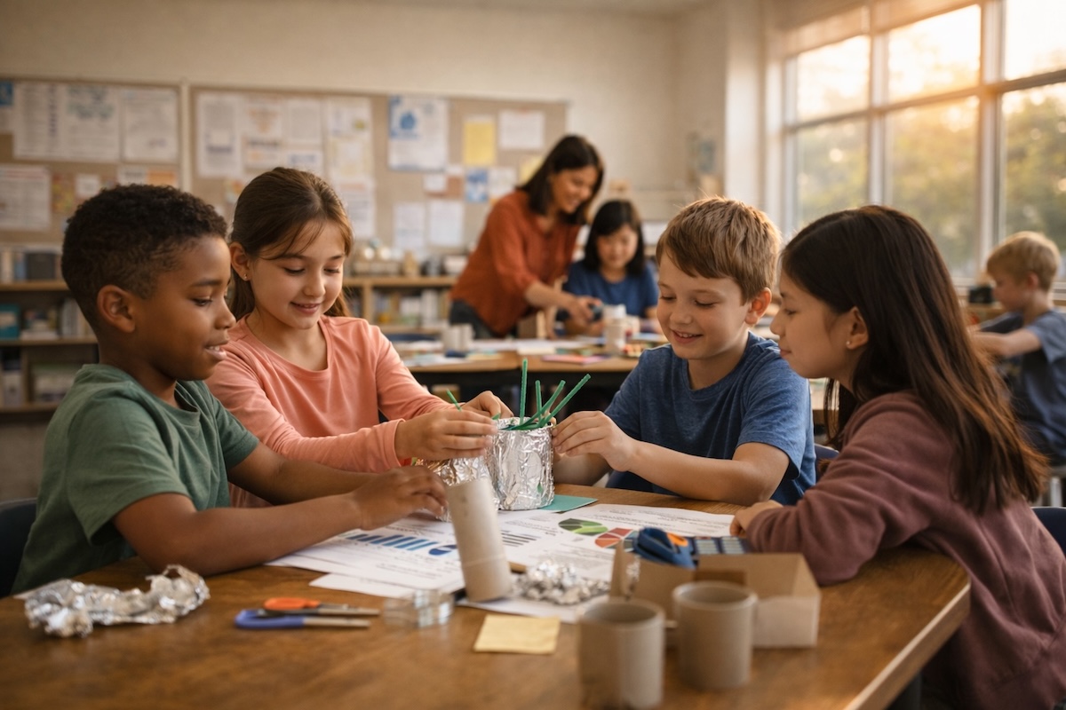 Elementary students collaborating on a hands-on classroom project with simple materials while their teacher assists in the background.