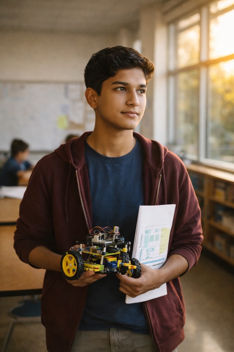 High school student holding a robotics project in a sunlit classroom