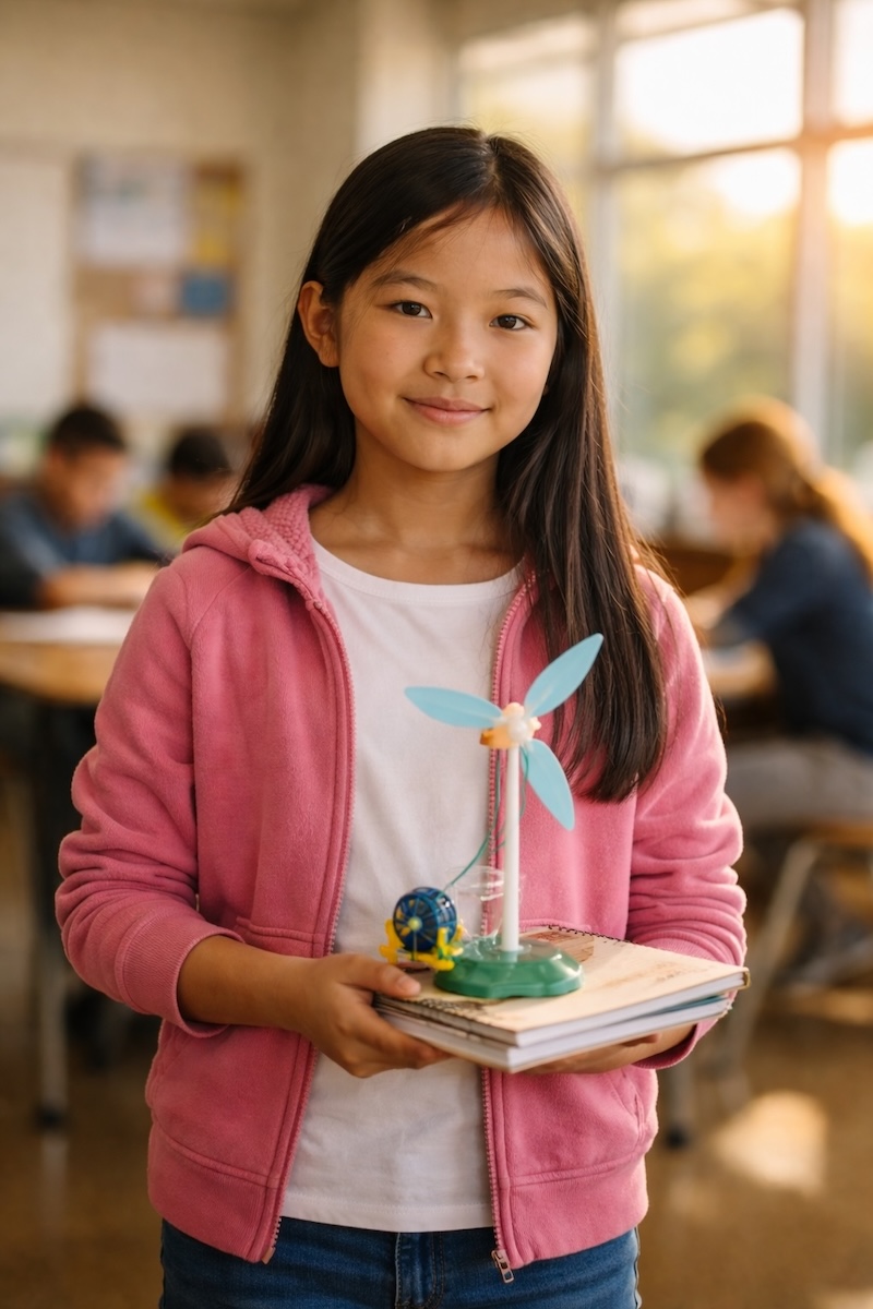 Confident middle school student holding a small science project in a sunlit classroom